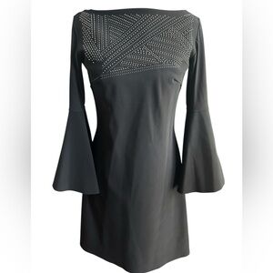 Chiara Boni Italian Black Studded Long Bell Sleeve Cocktail Dress Size 40 US 6